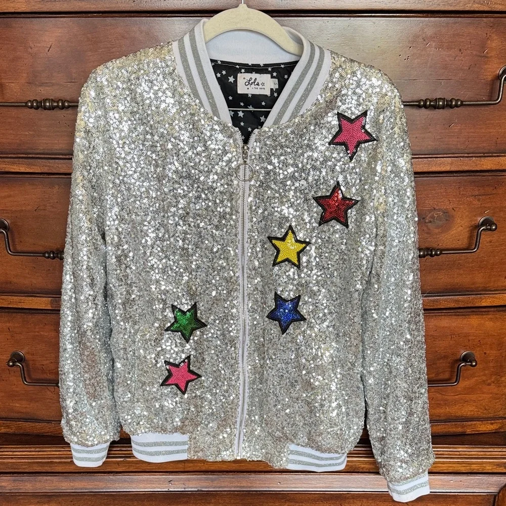 Lola + The Boys Silver Sequin Jacket with Multicolor Stars and Unicorn EUC - Picture 1 of 6